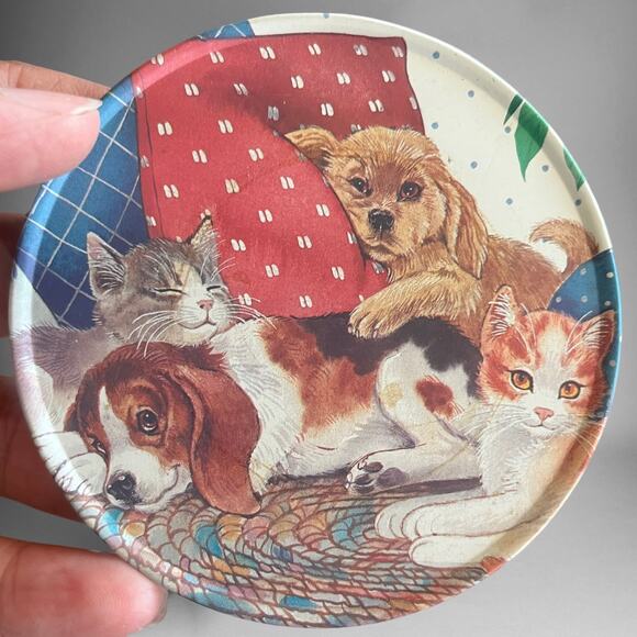 Vintage Puppy & Kitten Coaster Tin Cork 6 Coasters Cottage Animal Dog Cat Polka - Picture 6 of 9